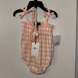 7FAM Infants Pink White Plaid One Piece and Headband Set NWT